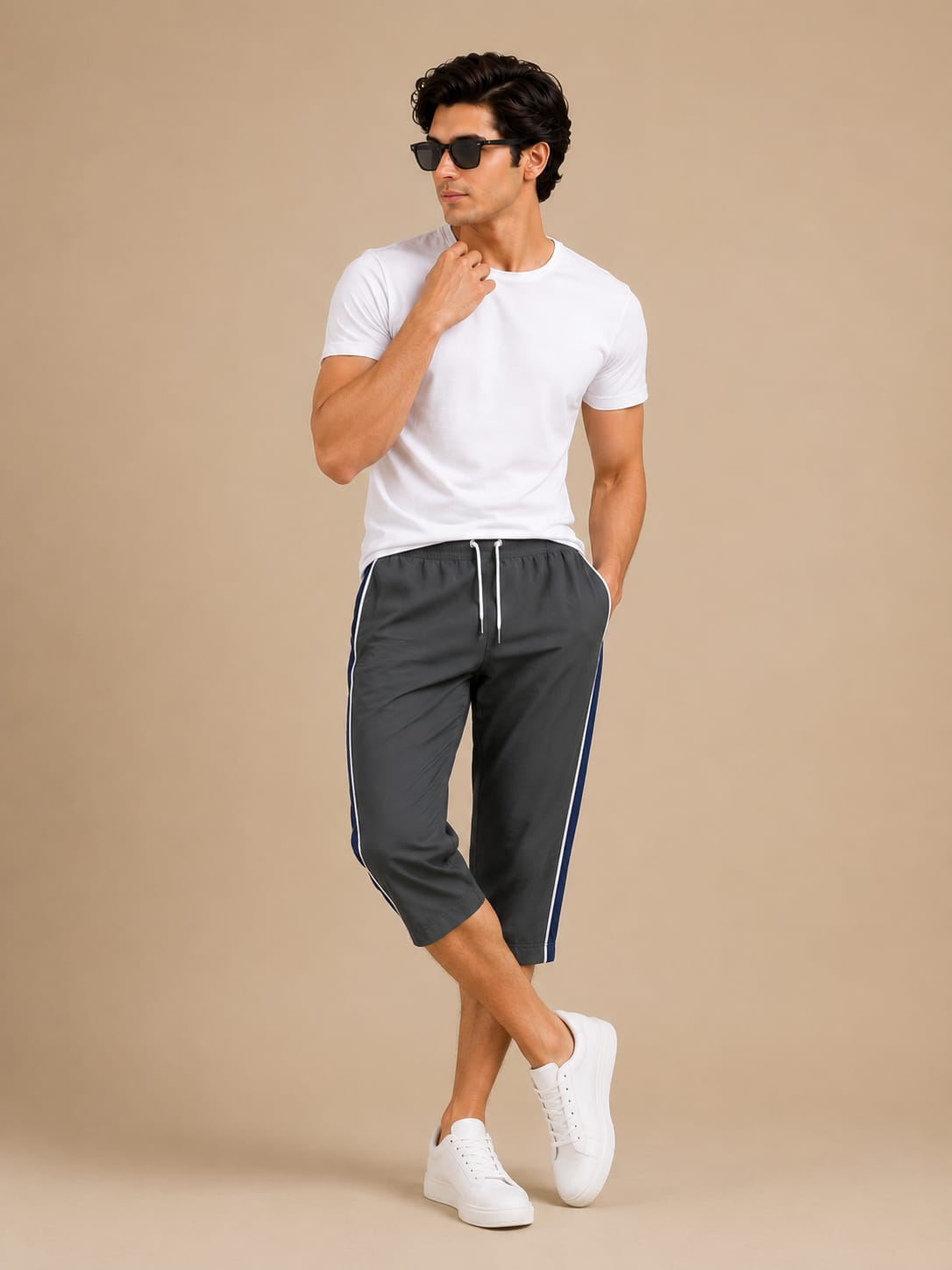 Stylish Knee Length Short For Men-Slate Gray With Navy Stripe-A18