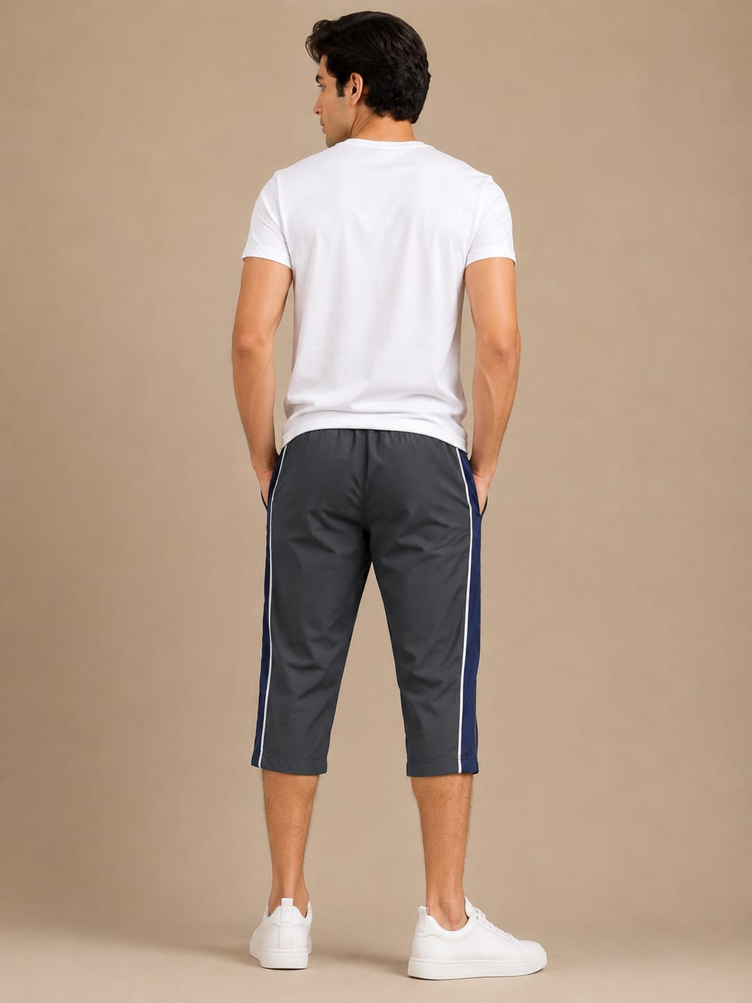 Stylish Knee Length Short For Men-Slate Gray With Navy Stripe-A18