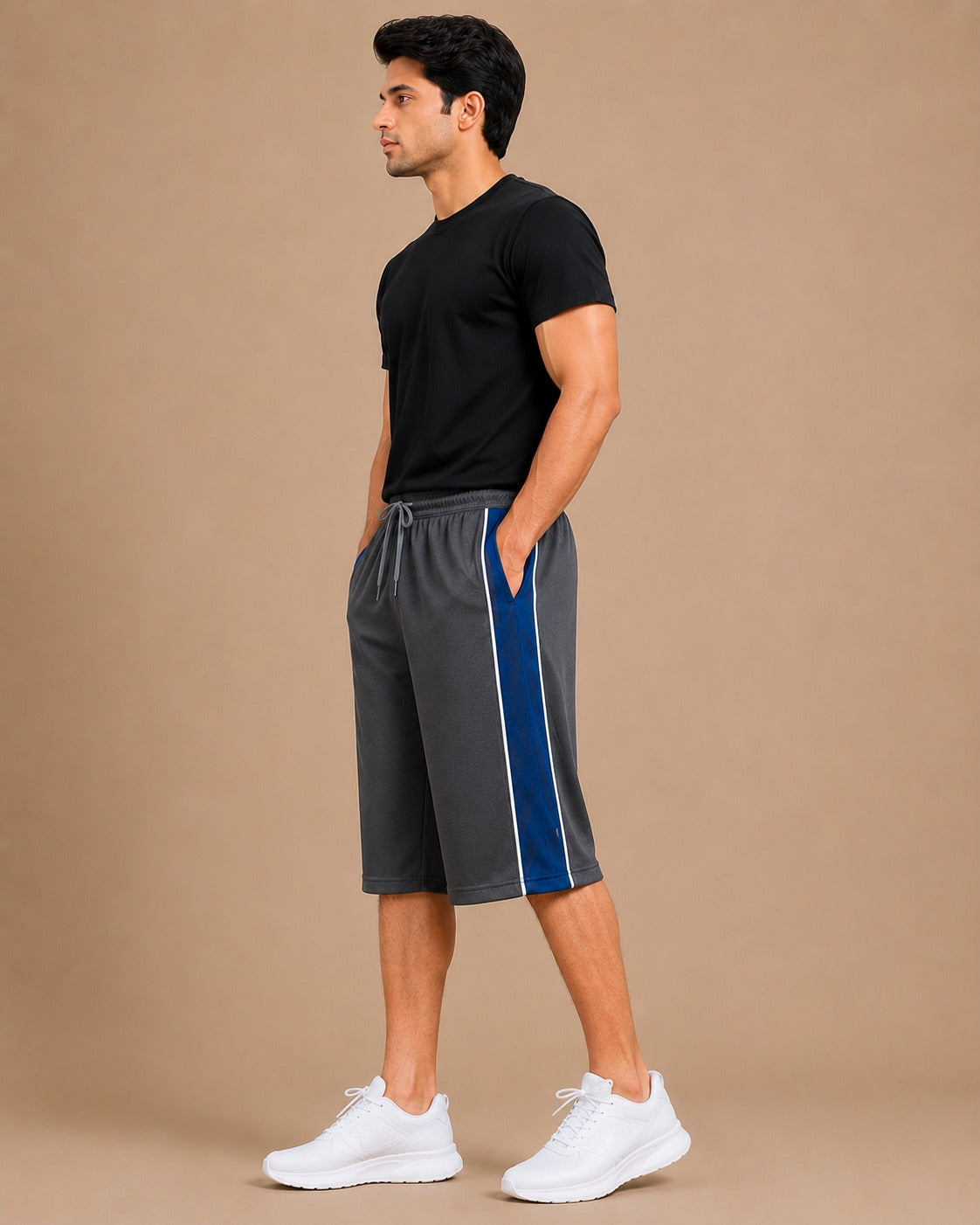 Stylish Knee Length Short For Men-Slate grey With Navy Stripe-A14