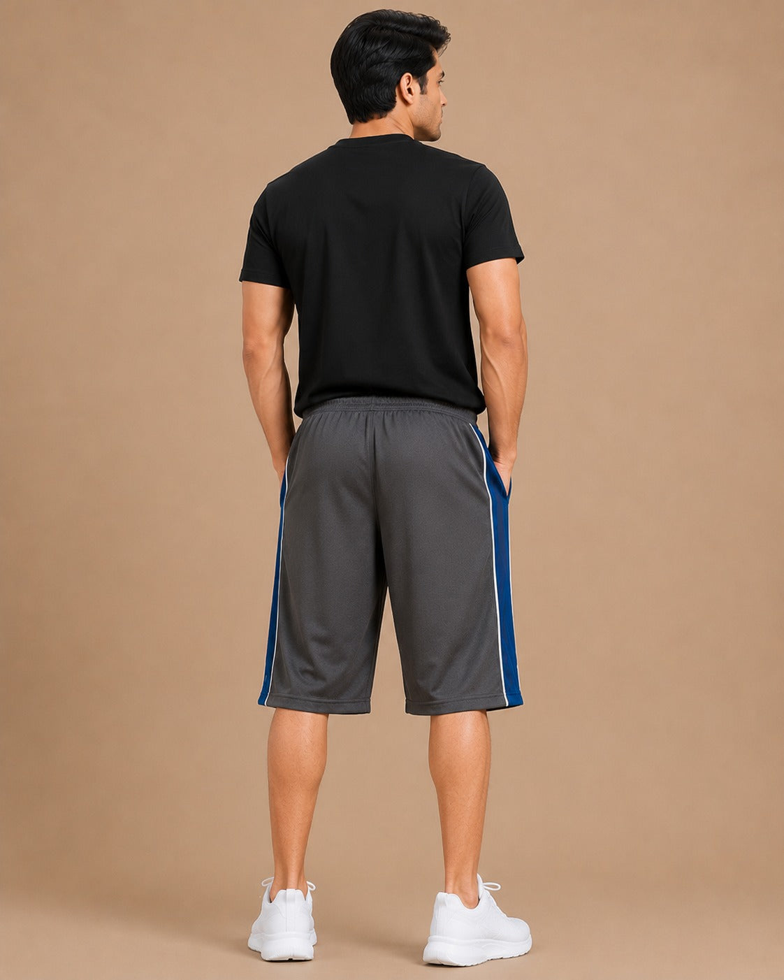 Stylish Knee Length Short For Men-Slate grey With Navy Stripe-A14