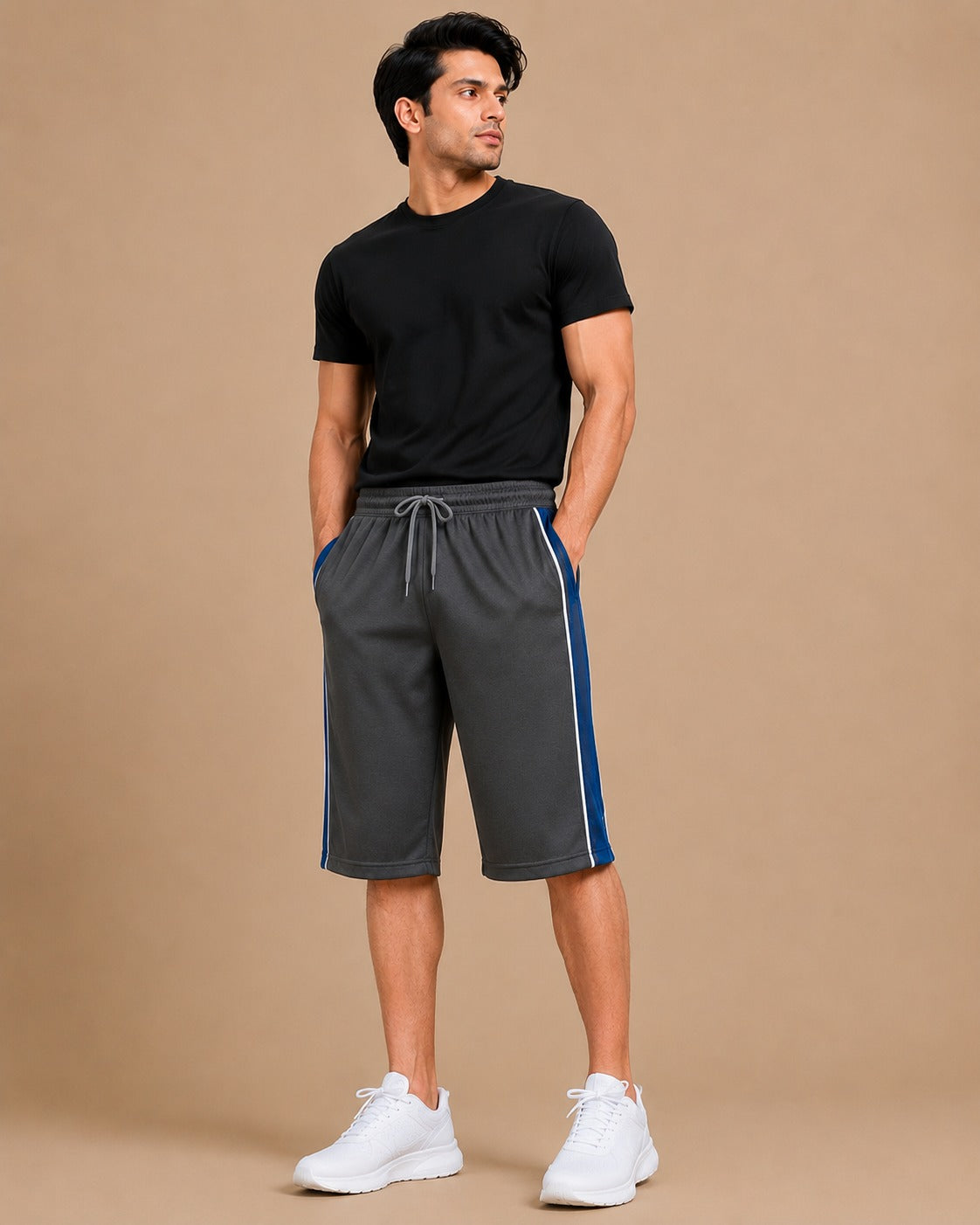 Stylish Knee Length Short For Men-Slate grey With Navy Stripe-A14