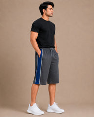 Stylish Knee Length Short For Men-Slate grey With Navy Stripe-A14
