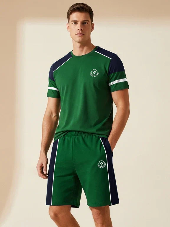 Louis Vicaci Summer Active Wear T Shirt & Lounge Short For Men-Green with Navy Panels-BE3217/BR15663