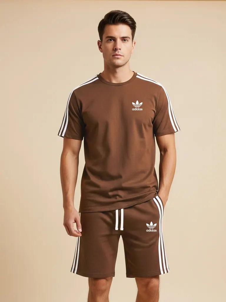 ADS Summer Fashion T-Shirt & Lounge Short Suit For Men-Brown-BE3264/BR15694