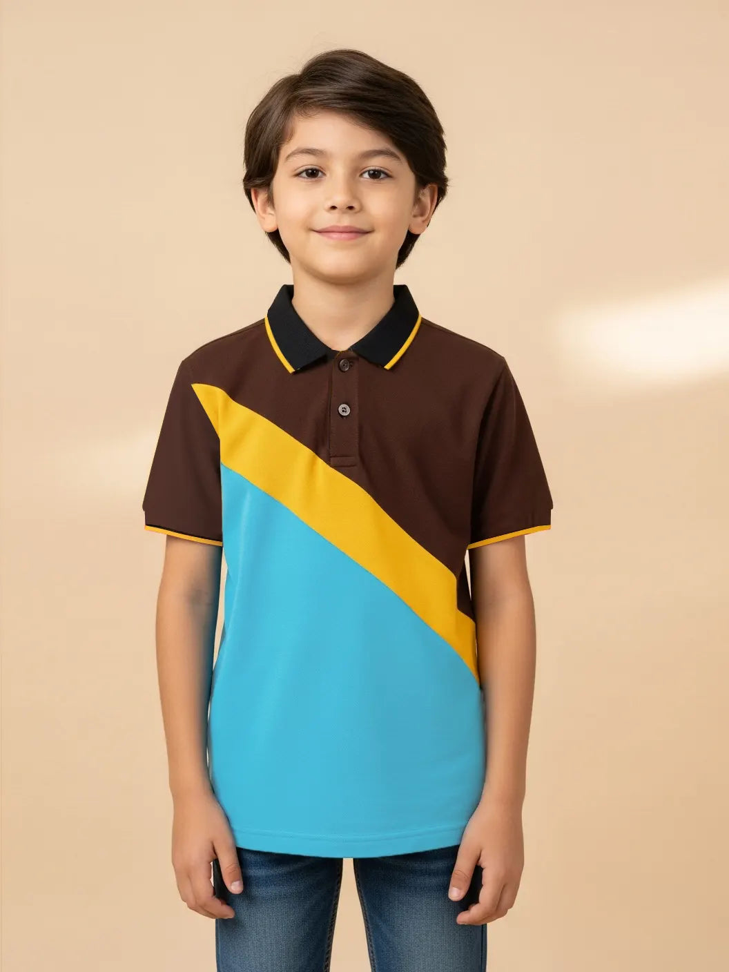Summer Panel Polo Shirt For Kids-Sky Blue with Yellow & Brown-SP1700/RT2410