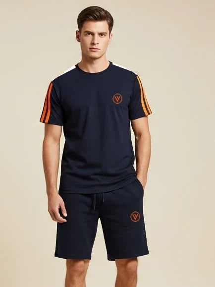Louis Vicaci Summer Active Wear T Shirt & Lounge Short For Men-Navy with Orange & White Stripes-c/BR15664