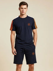 Louis Vicaci Summer Active Wear T Shirt & Lounge Short For Men-Navy with Orange & White Stripes-c/BR15664