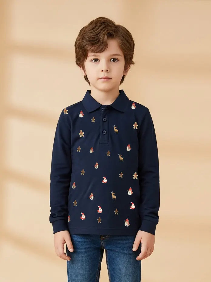 NXT P.Q Long Sleeve Polo Shirt For Kids-Navy Blue with Embroidered-BE2874/BR14761