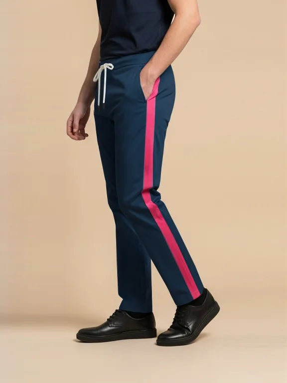 Summer Single Jersey Slim Fit Trouser For Men-Dark Navy With Pink Stripe-SP123/RT2094