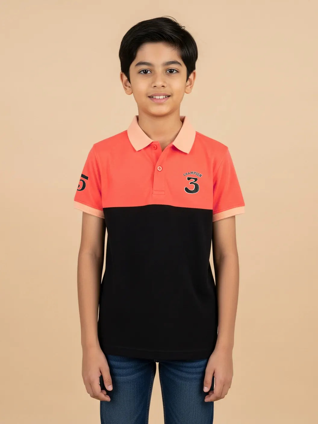 Champion Single Jersey Polo Shirt For Kids-Coral Pink & Black Panels-SP1685/RT2406