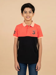 Champion Single Jersey Polo Shirt For Kids-Coral Pink & Black Panels-SP1685/RT2406