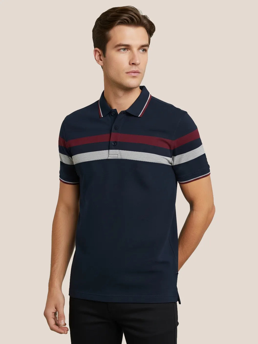 LV Summer Single Jersey Polo Shirt For Men-Navy with Grey & Maroon Panels-BE1805/BR13959