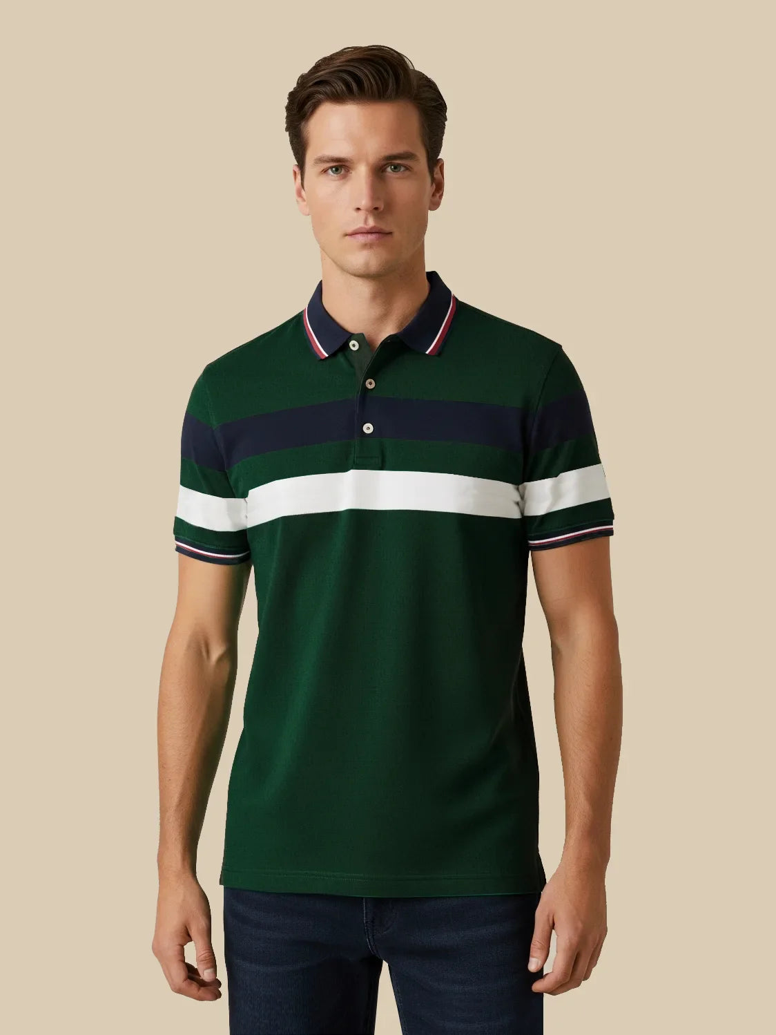 LV Summer Dry Fit Polo Shirt For Men-Dark Green with Stripe-BE1563/BR13779