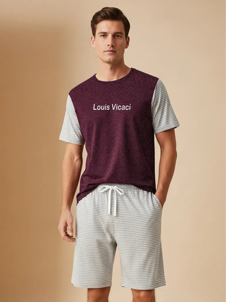 LV Summer Fashion T-Shirt & Lounge Short Suit For Men-Maroon Melange with Grey Lining-BR13804