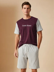 LV Summer Fashion T-Shirt & Lounge Short Suit For Men-Maroon Melange with Grey Lining-BR13804