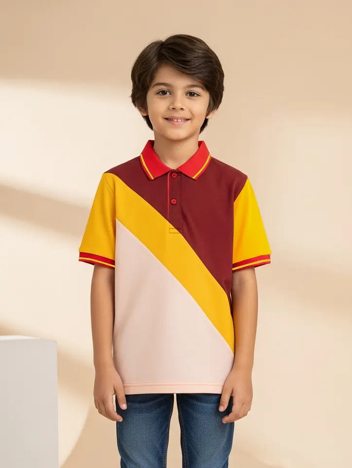 Champion Single Jersey Polo Shirt For Kids-Peach with Yellow & Red-SP1702/RT2412