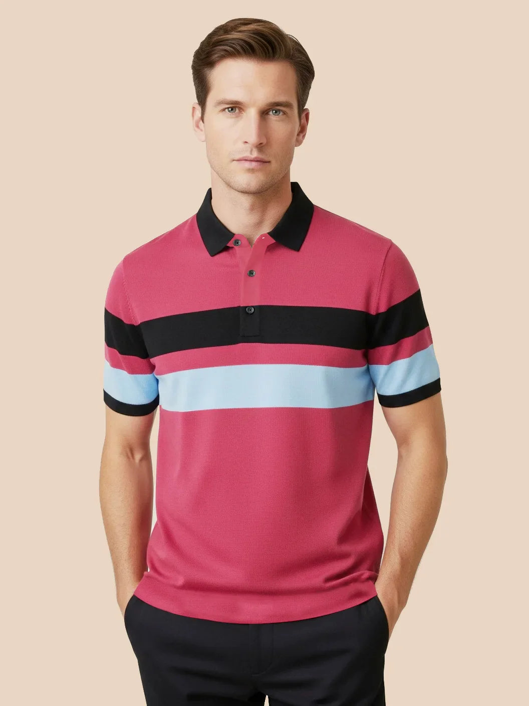 NXT Summer Polo Shirt For Men-Pink with Sky & Black-BE806/BR13048