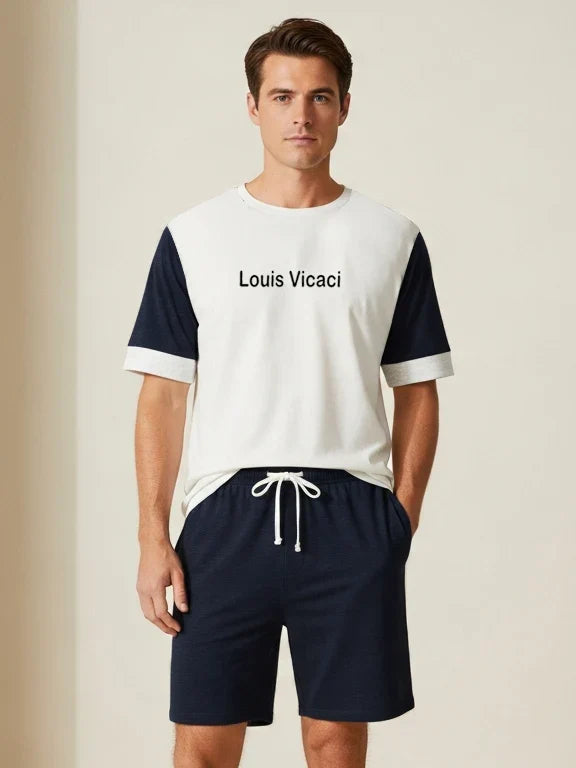 LV Summer Fashion T-Shirt & Lounge Short Suit For Men-Off White with Navy Melange-BR13893