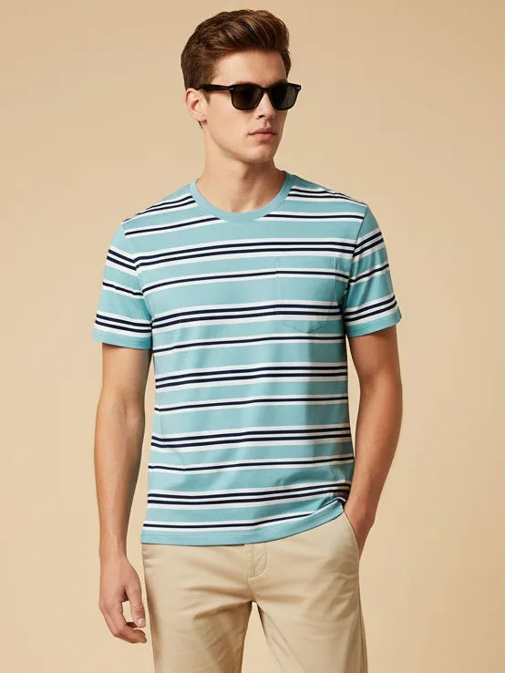 Orignal Single Jersey Crew Neck Tee Shirt For Men-Blue With Stripes-SP1736/RT2425