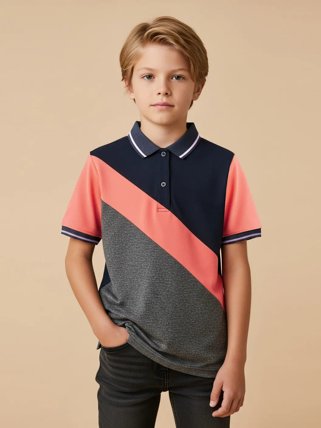 Champion Single Jersey Polo Shirt For Kids-Charcoal Melange with Peach & Navy Panels-BE934/BR13181