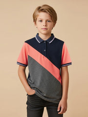 Champion Single Jersey Polo Shirt For Kids-Charcoal Melange with Peach & Navy Panels-BE934/BR13181