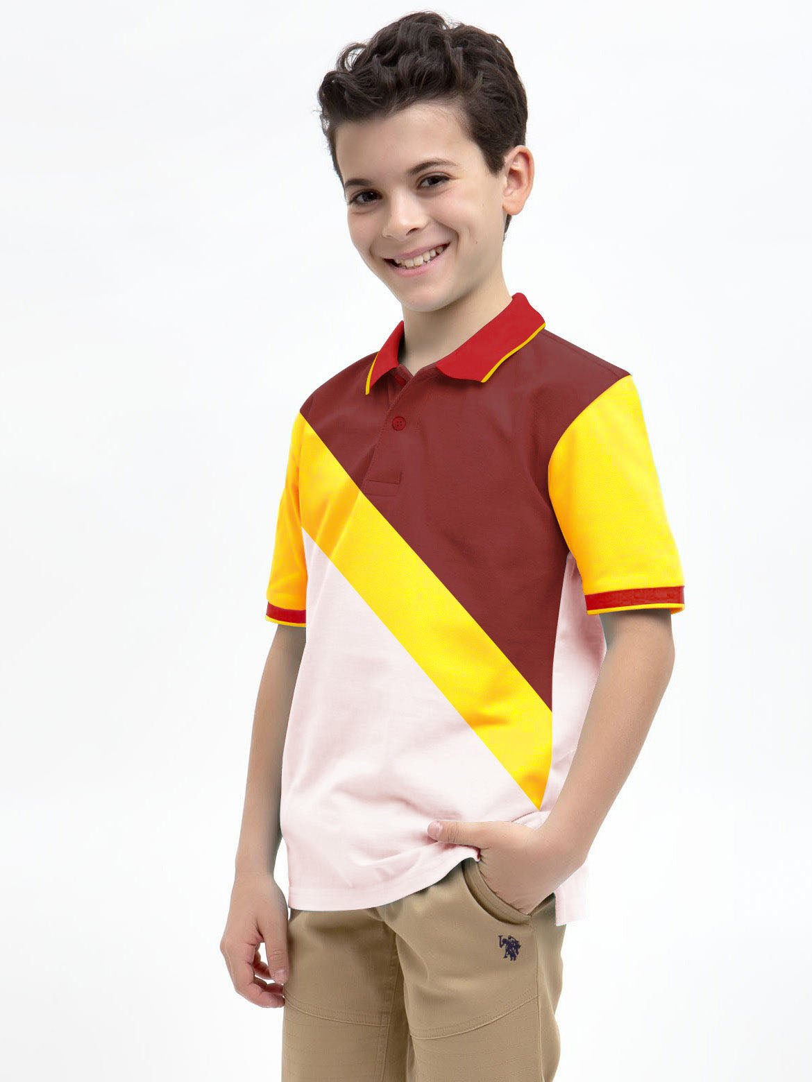 Champion Single Jersey Polo Shirt For Kids-Peach with Yellow & Red-SP1702/RT2412