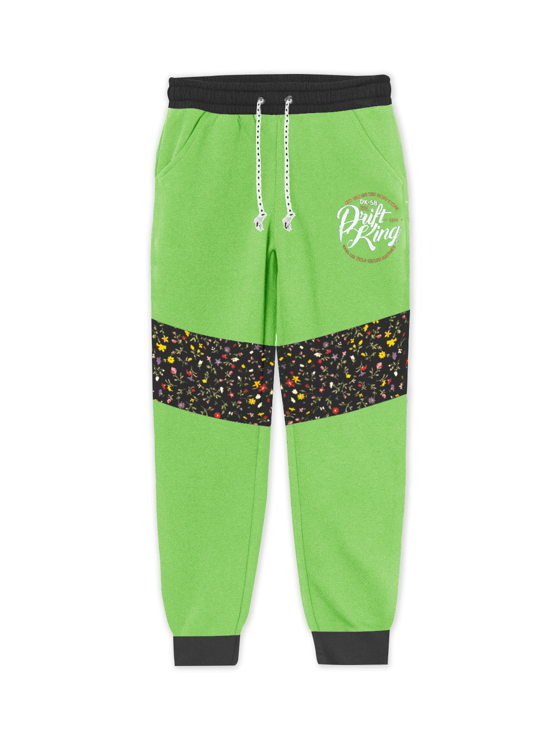 Drift King Slim Fit Terry Fleece Jogger Trouser For Kids-Green And Black With Floral Panel-SP900