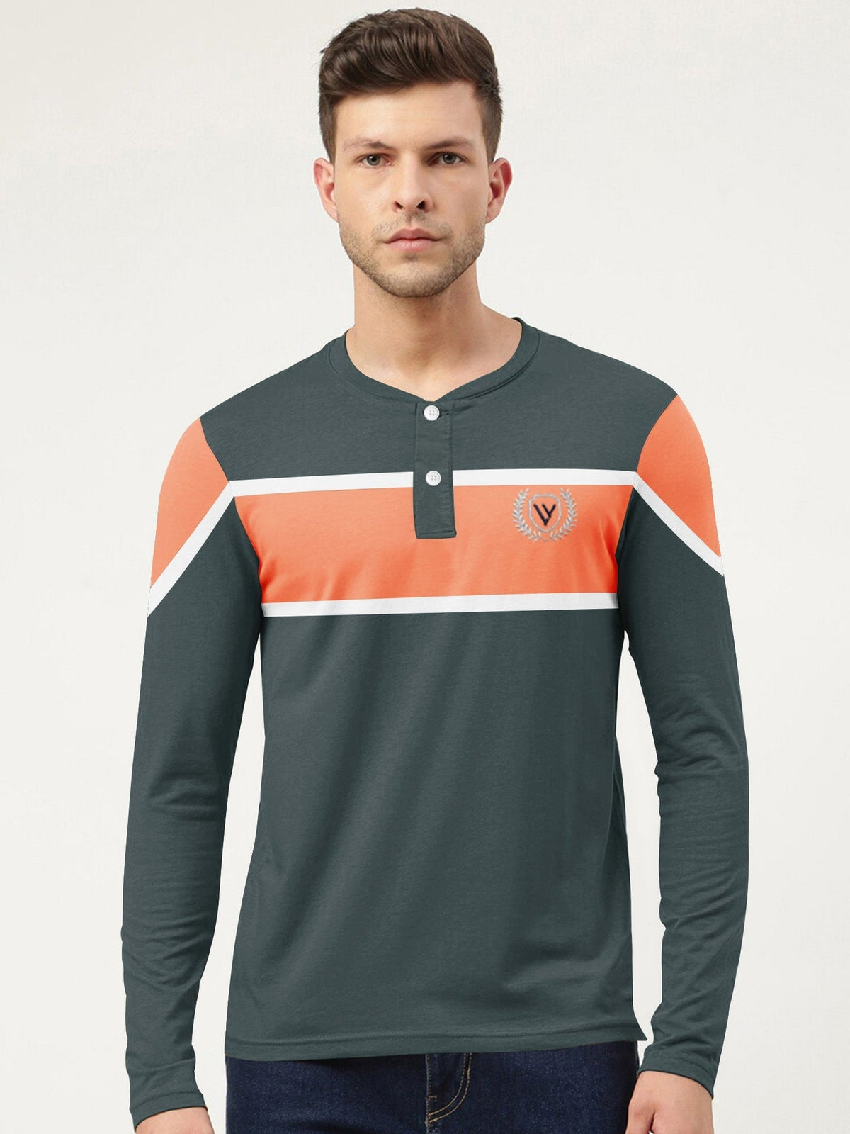 Louis Vicaci P.Q Long Sleeve Henley Shirt For Men-Dark Slate Grey with Orange Panel-SP1739
