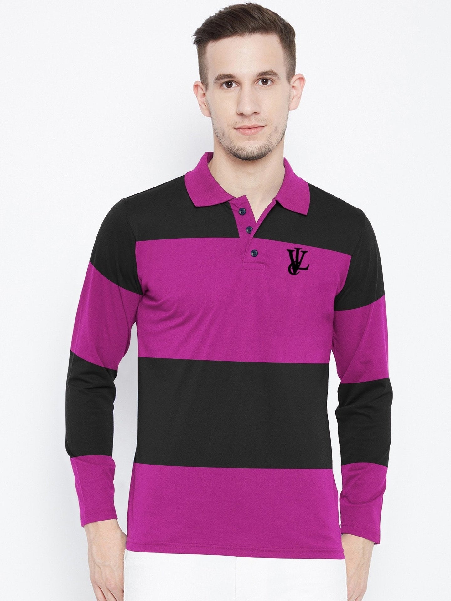 Louis Vicaci Long Sleeve Polo For Men-Black with Magenta-BR885