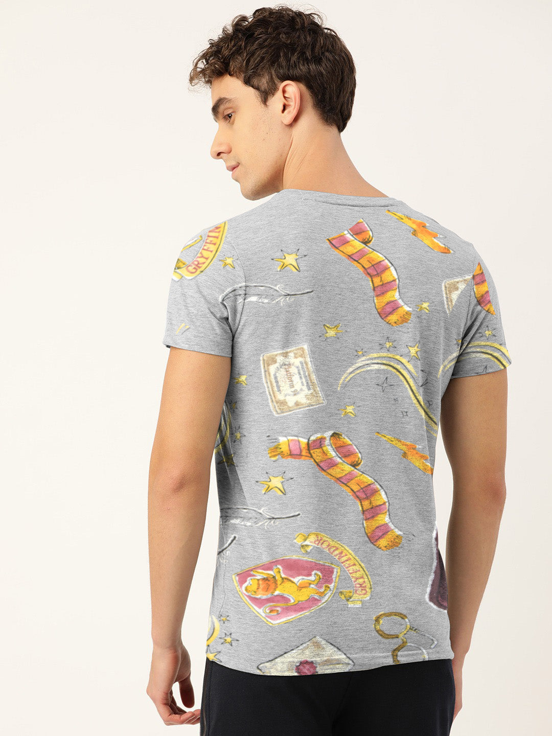 M-17 Single Jersey V Neck Tee Shirt For Men-Grey Melange with Allover Print-SP1926/RT2484