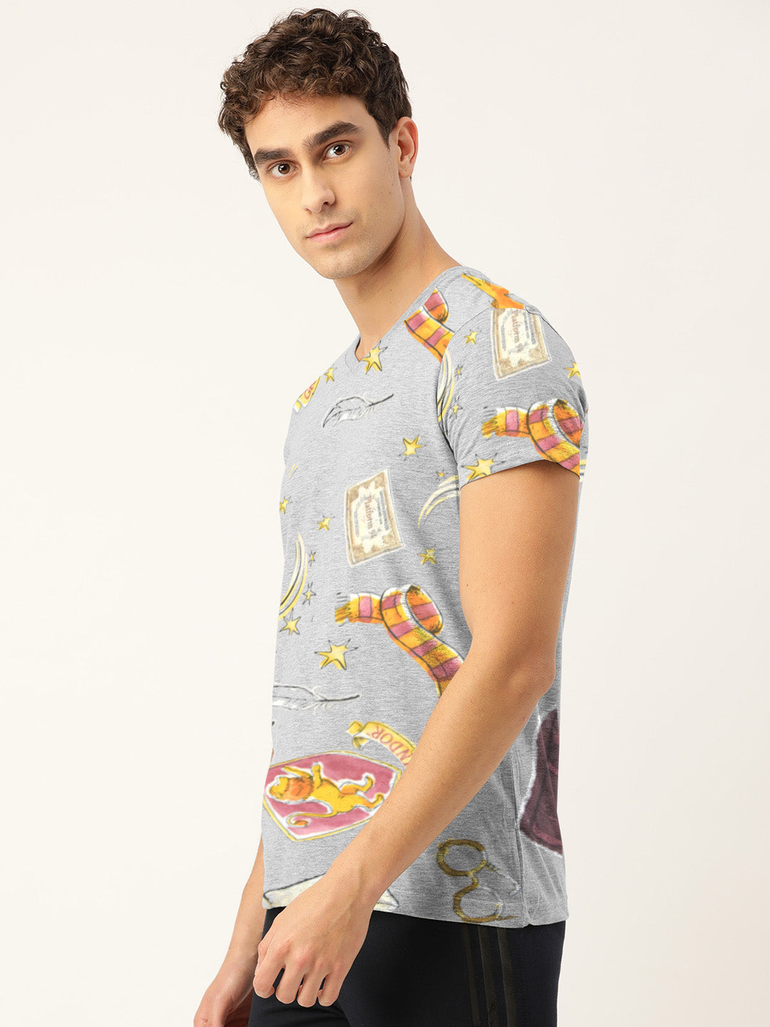 M-17 Single Jersey V Neck Tee Shirt For Men-Grey Melange with Allover Print-SP1926/RT2484