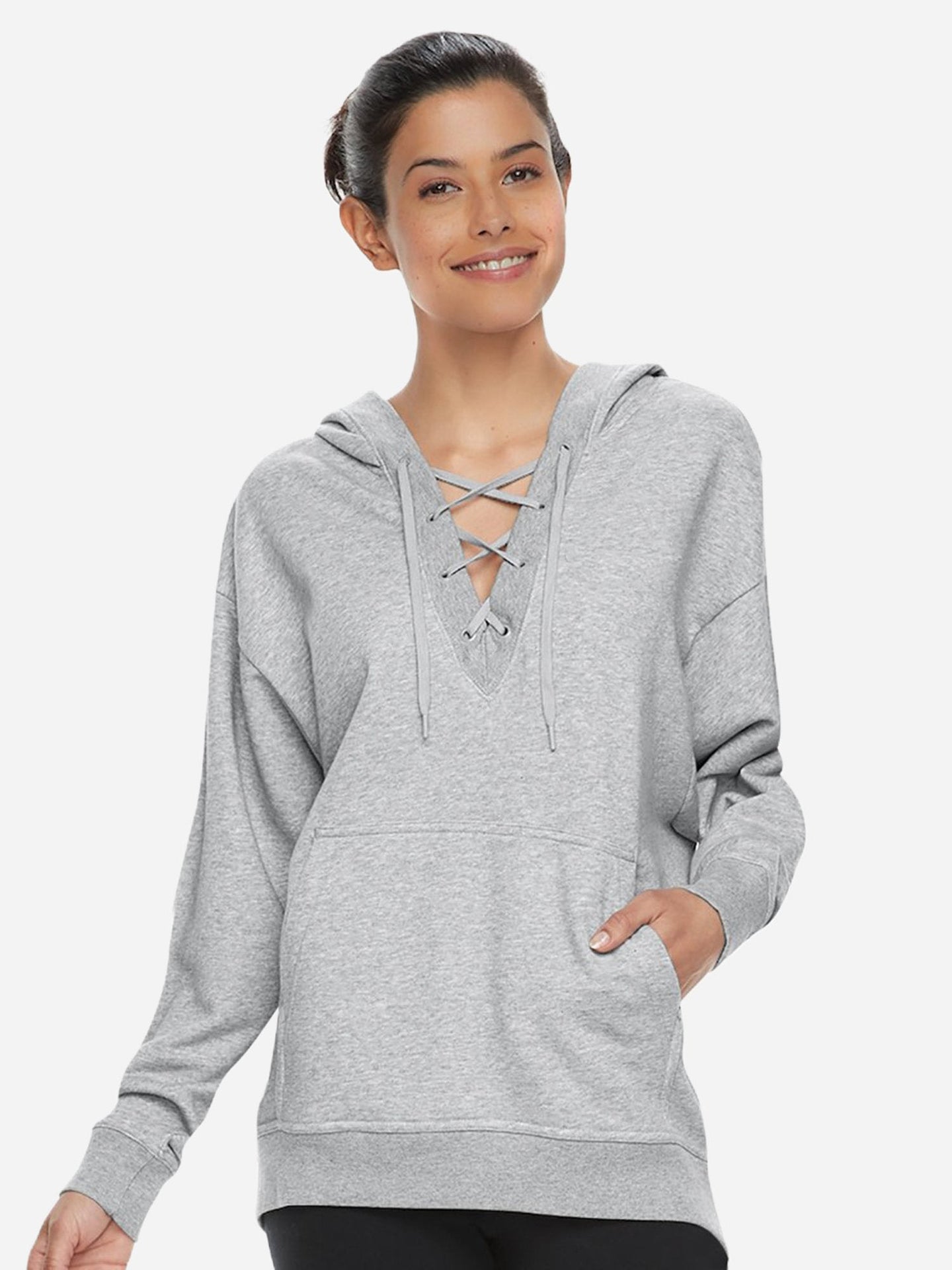 NK Terry Fleece Lace Up Hoodie For Ladies-Grey Melange-RT884