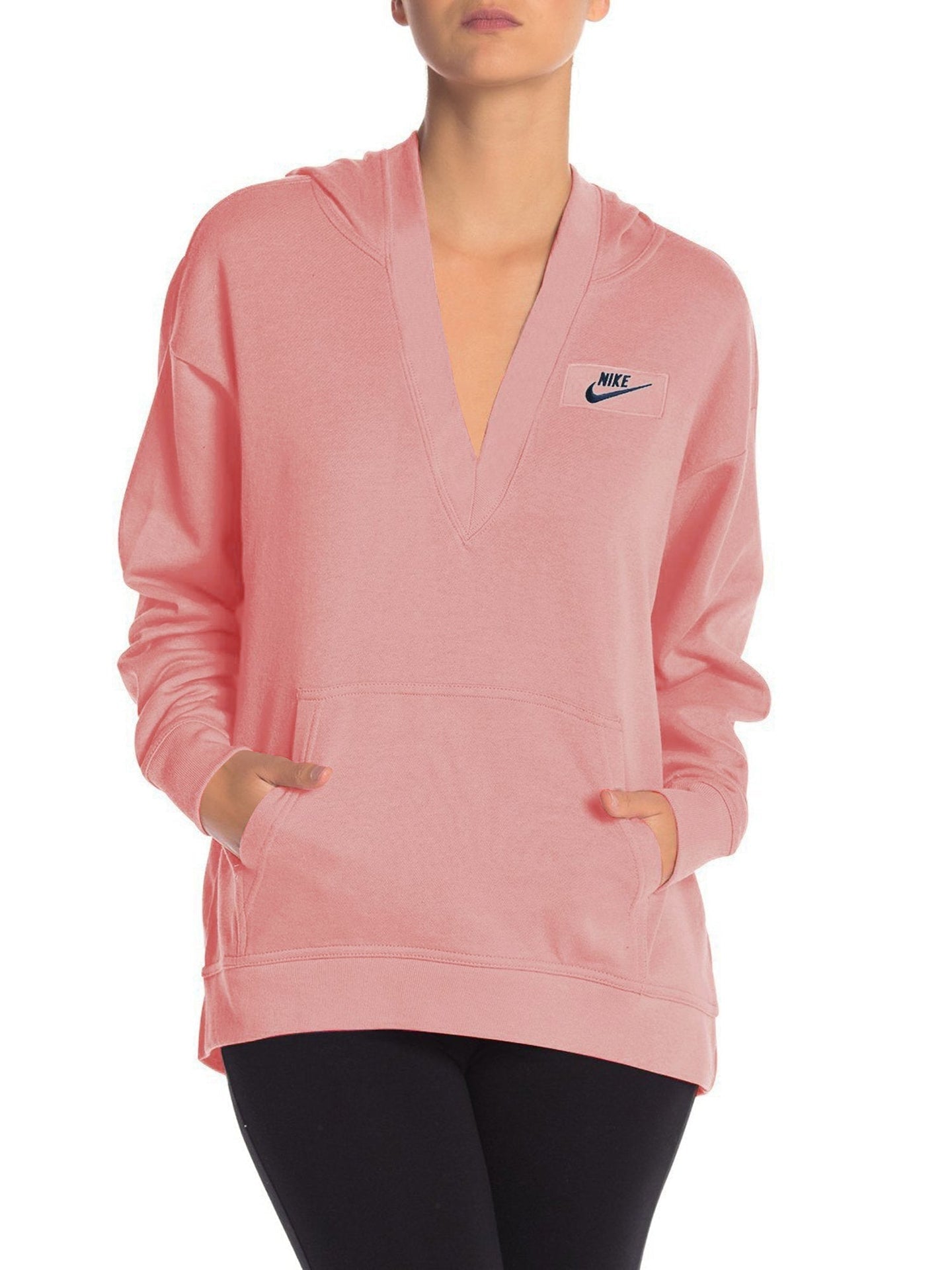 NK Terry Fleece Long V Neck Hoodie For Ladies-Light Pink-BE191