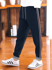Red Pearl Rib Slim Fit Jogger Trouser For Kids-Navy With Assorted Stripes-SP882