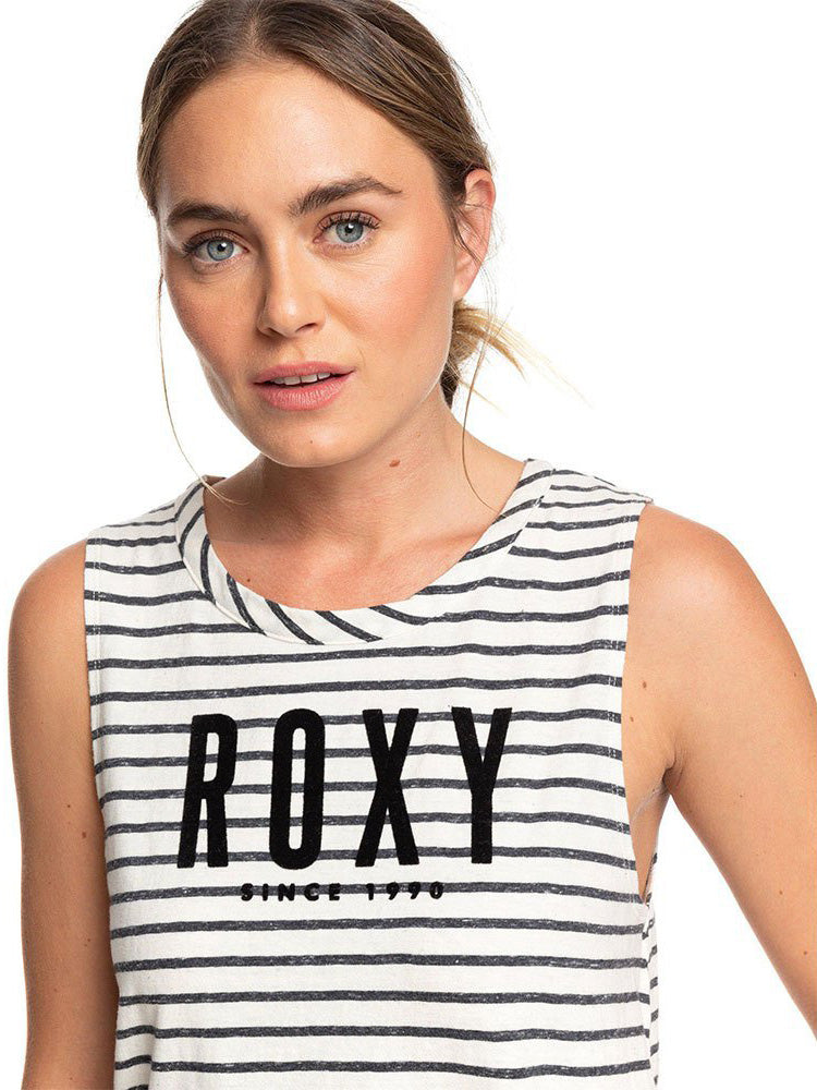 Roxy Sleeveless Crew Neck Single Jersey Strech Blouse For Ladies-White With Stripes-SP1909