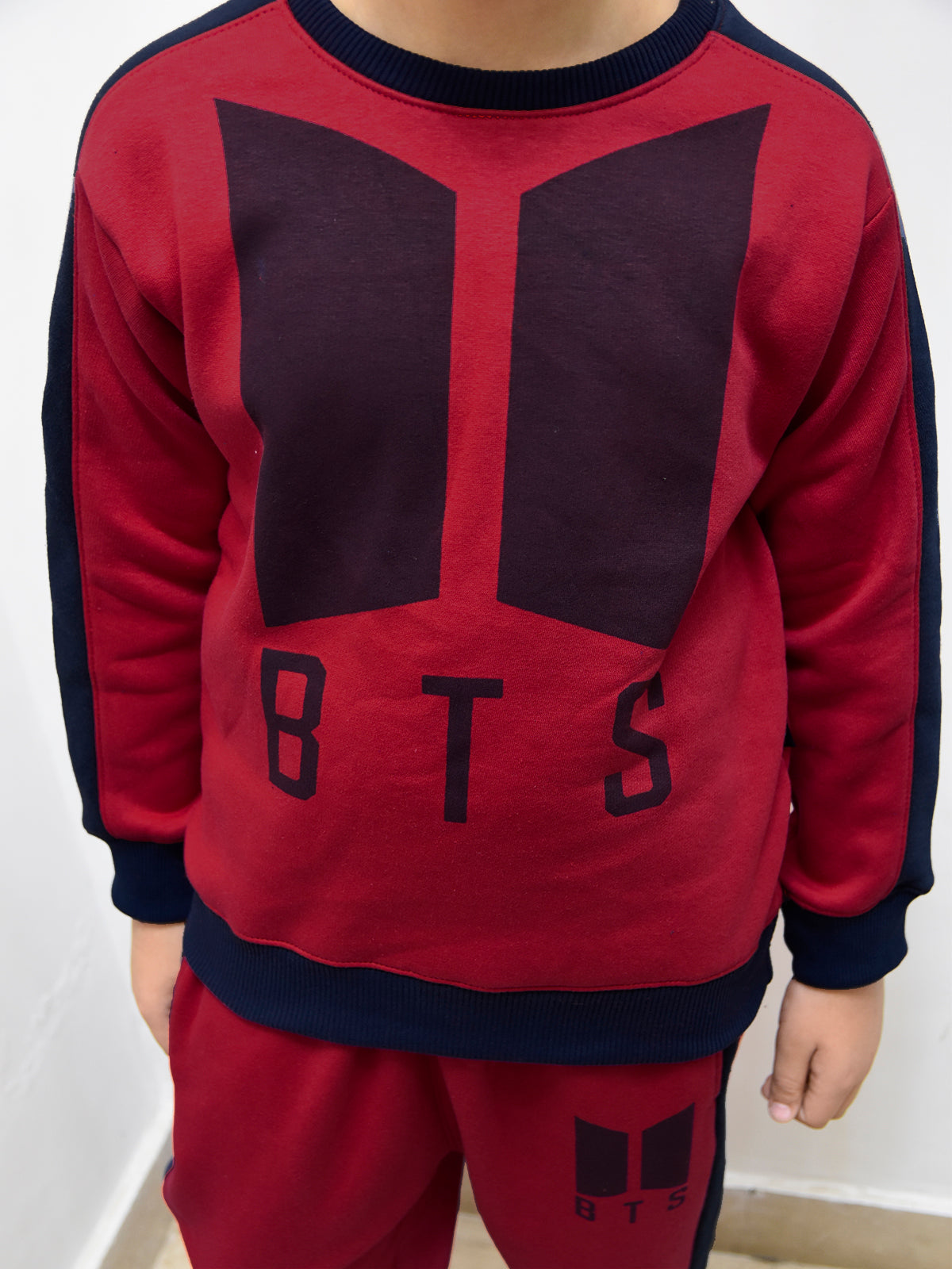 BTS Fleece Tracksuit For Kids-Dark Red with Navy Panels-BE54/BR879