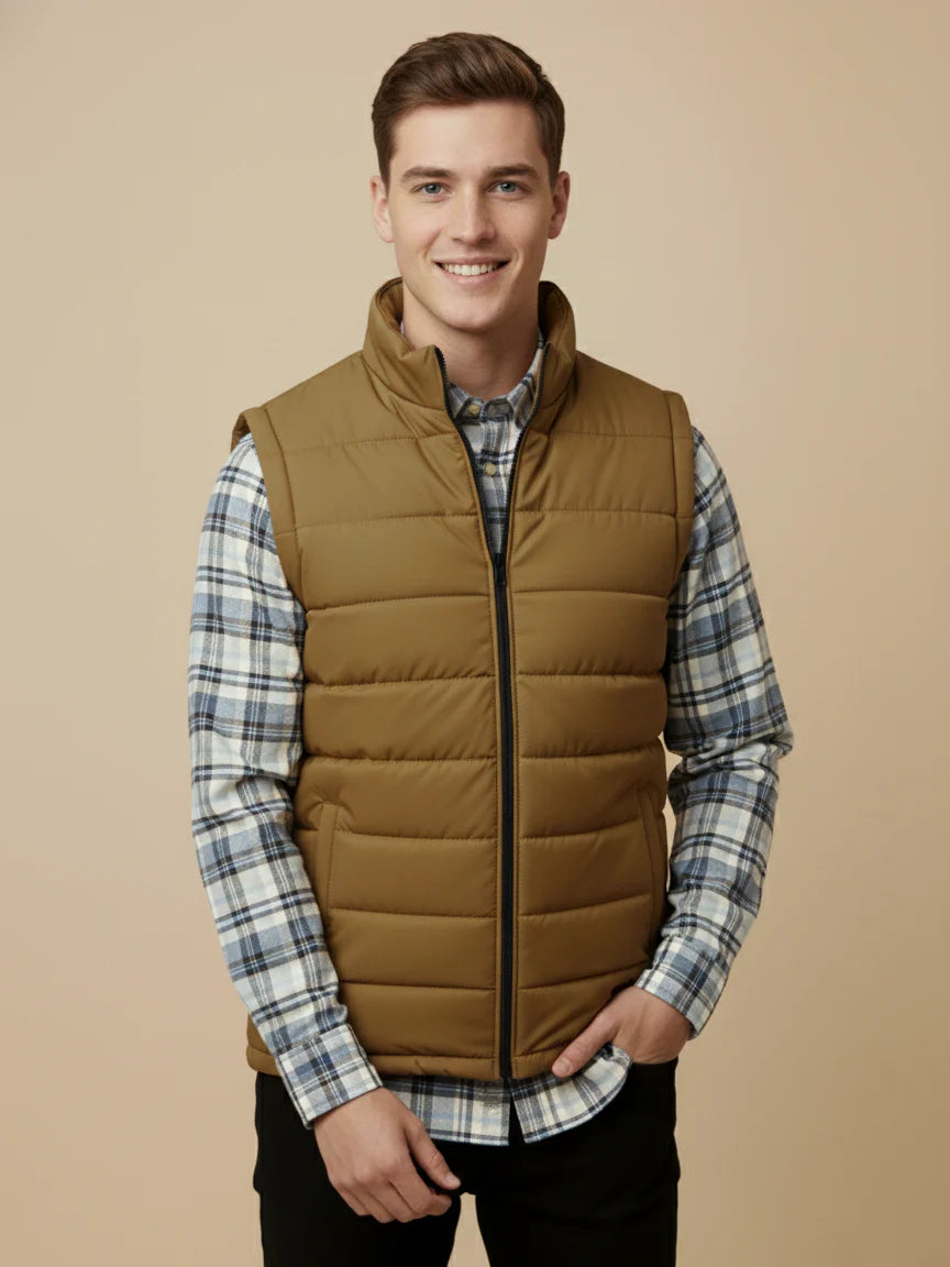Payper Winter Sleeveless Zipper Mockneck Jacket For Men-Light Brown-PH25
